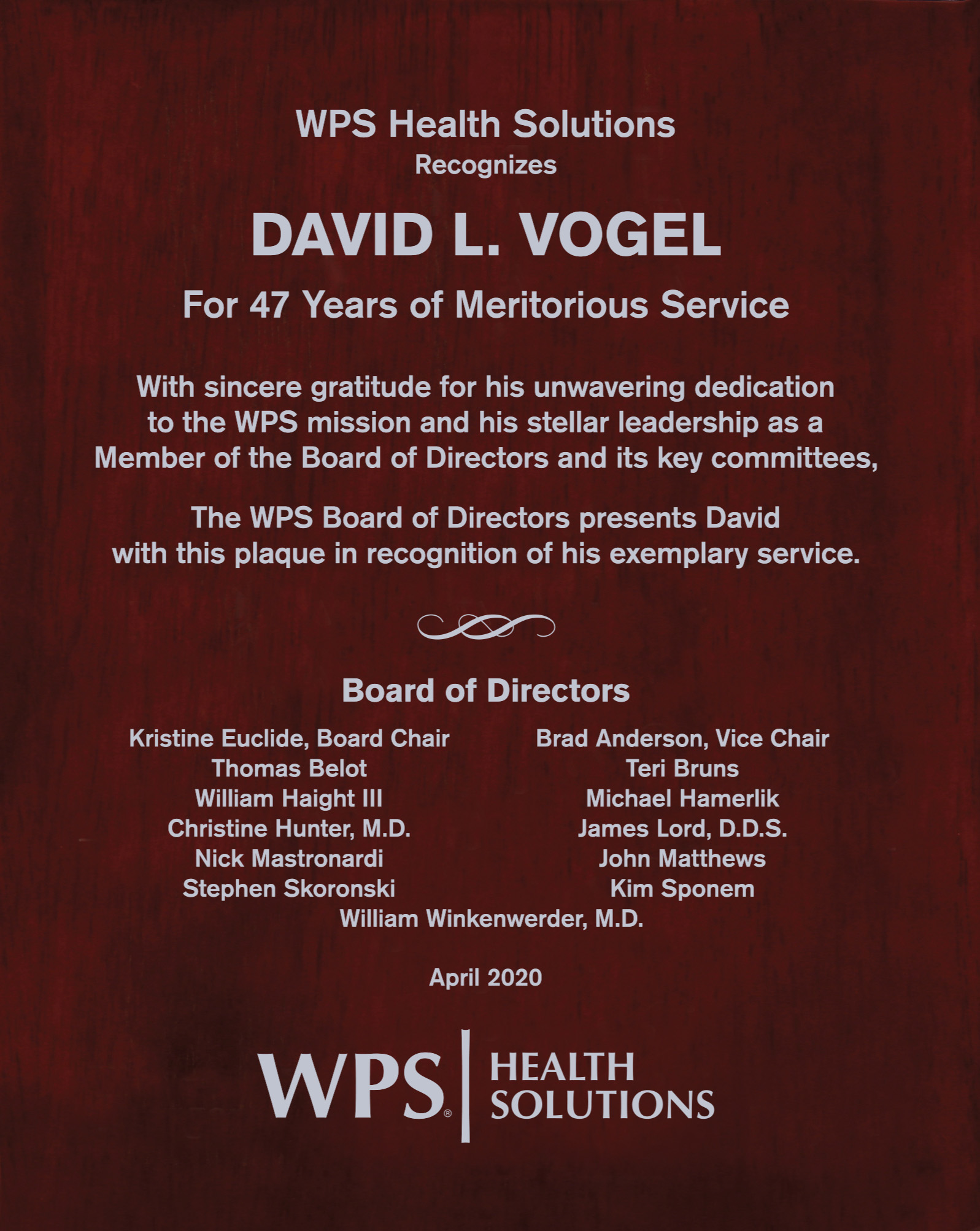 David Vogel plaque of recognition